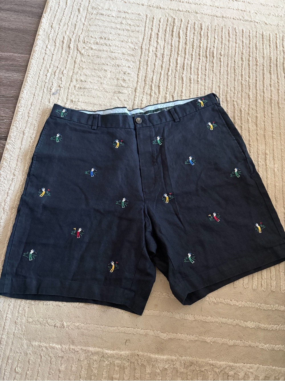 Brooks Brothers Navy Embroidered Multi-Color Golfer Shorts linen flax